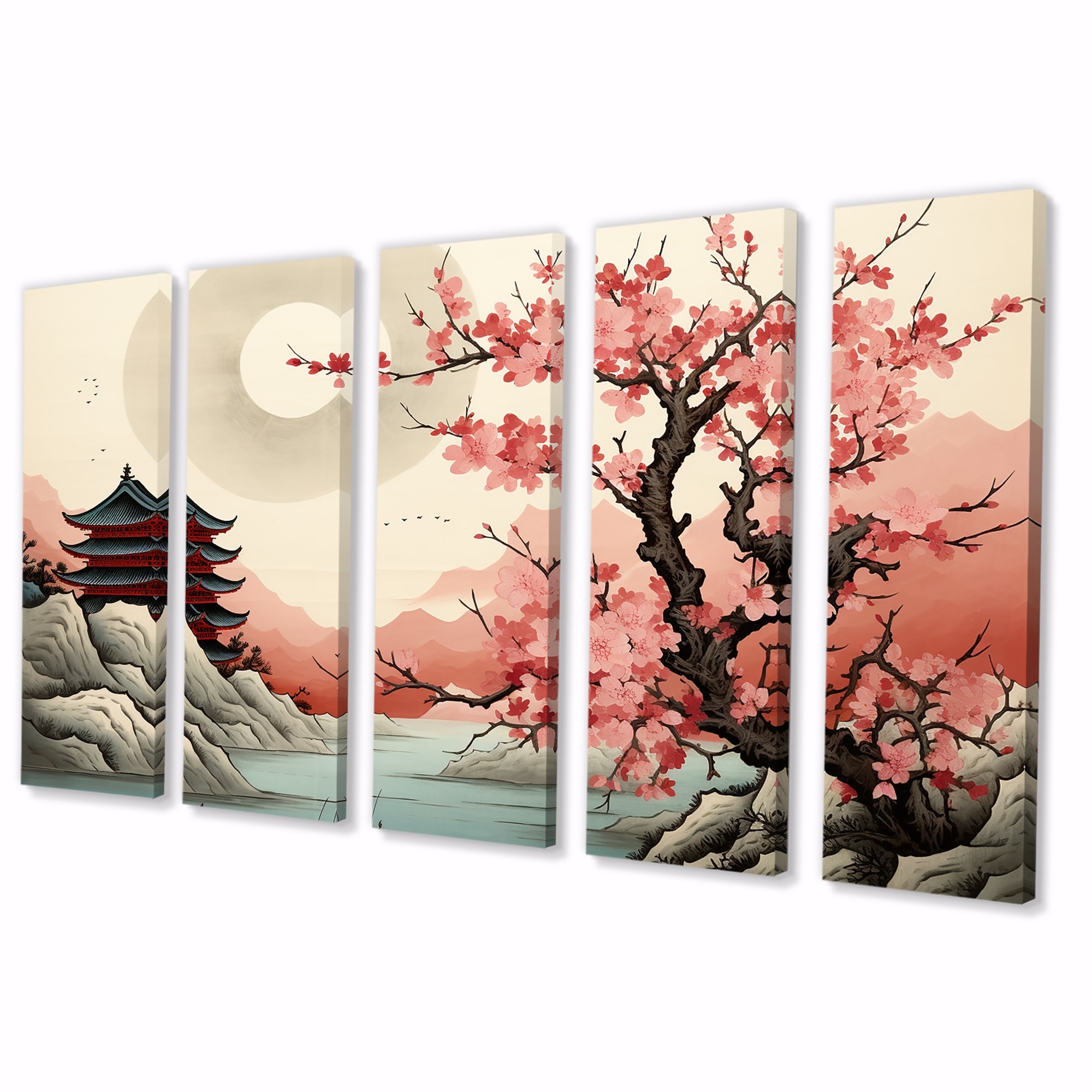 Japanese Pagoda Cherry Blossom Vintage River - Japon Landscape