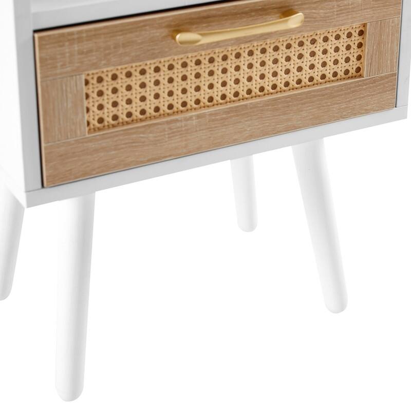 Mid-Century End Table with Drawer and Charging Station Rattan Nightstand-White