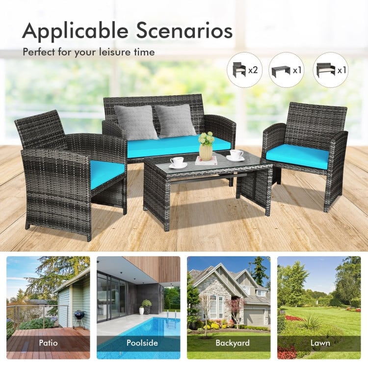 4 Pieces Patio Rattan Furniture Set with Glass Table and Loveseat - 43.5" x 25"x 31" (L x W x H)
