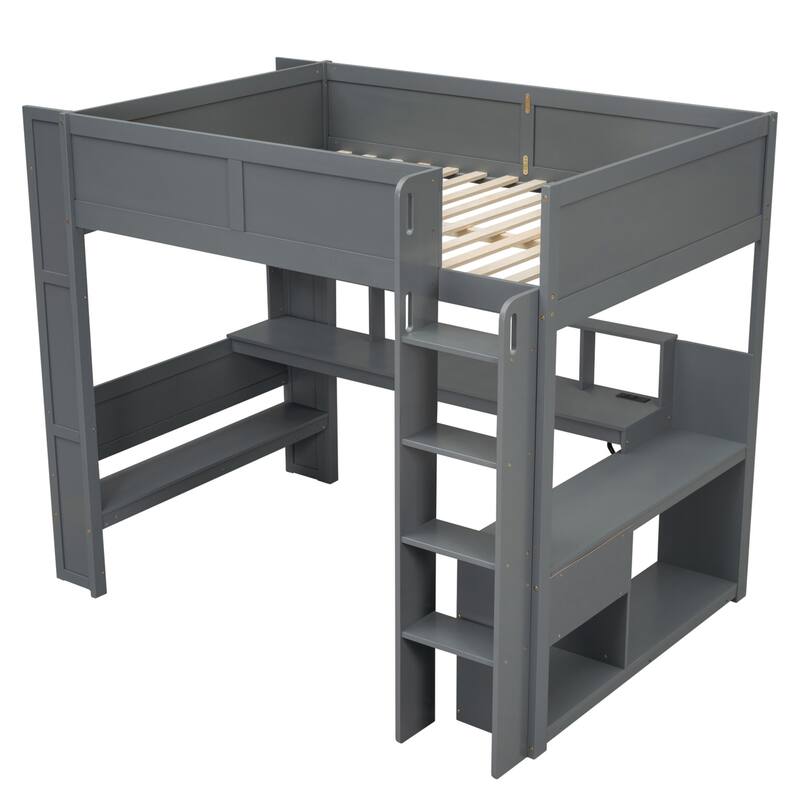 Full Size Loft Bed with Built-in Desk, LED Shelf Lighting, Charging Ports, and Storage Cabinet, Dark Gray Wood Frame