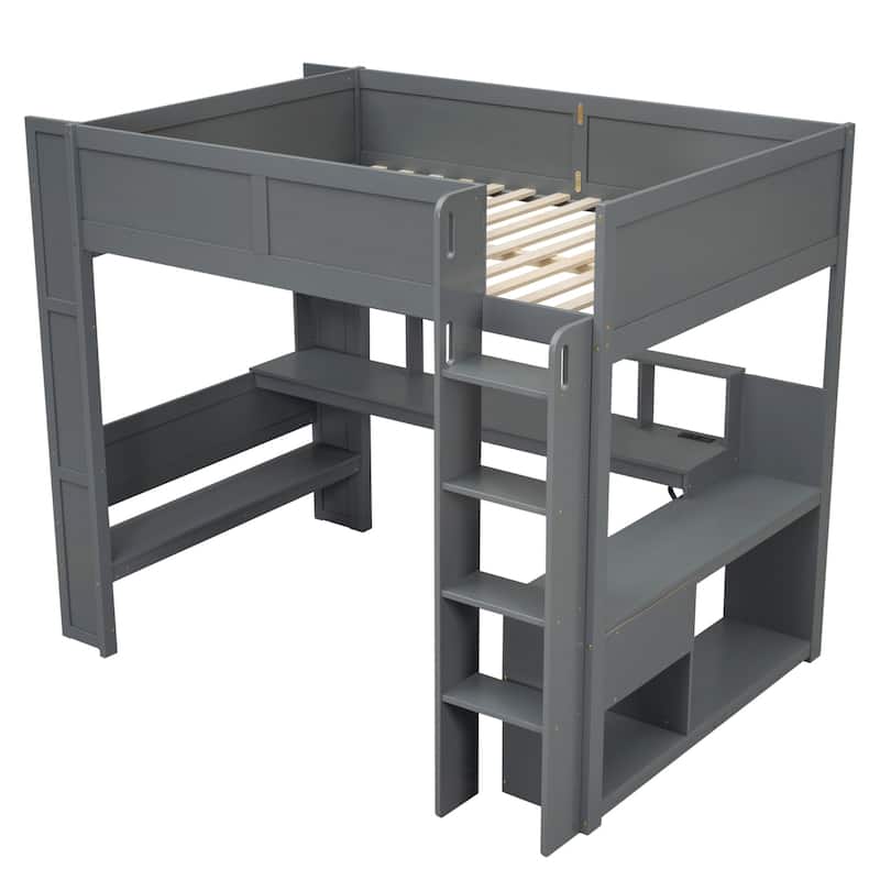 Wood Full Size Gaming Loft Bed with Desk, Multi-storage Shelves, LED and Charging Station, Dark Gray