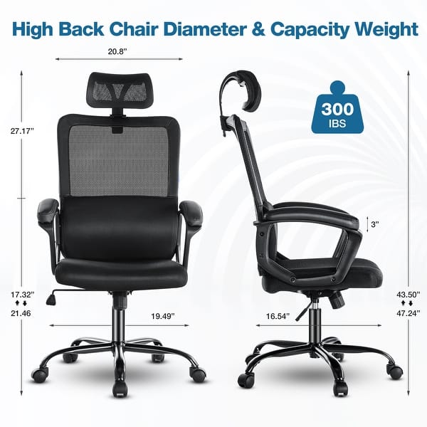 dimension image slide 1 of 2, Ergonnomic Office Chair with 2D Adjustable Lumbar Support, Office Chair with Adjustable Headrest and Armrest