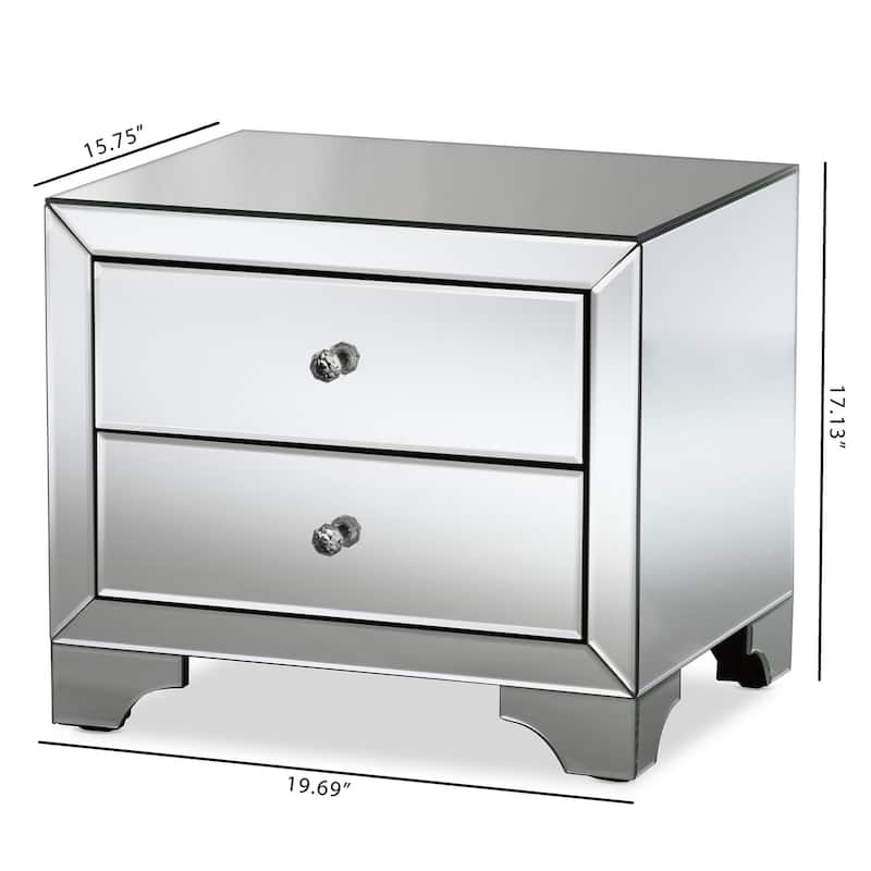 2-Drawer Nightstand with Mirrored Finish & Crystal Handles - Modern Bedside Table