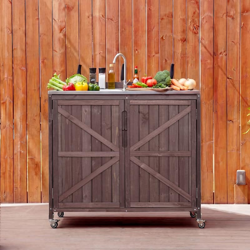 39.4" Outdoor Kitchen Island with Sink, Outdoor Kitchen Cabinet with Back Splash & 4 Wheels for Pizza Prep