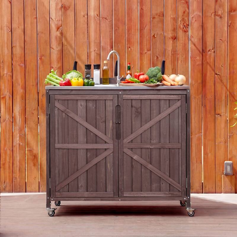 39.4" Outdoor Kitchen Island with Sink, Outdoor Kitchen Sink Station w/ 304 Stainless Steel Sink, Hose Hook Up & Faucet