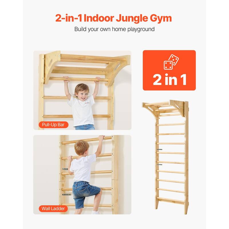 2 in 1 Wooden Wall Gym Climbing Playset with Adjustable Pull Up Bar and Swedish Ladder for Kids Indoor Playground