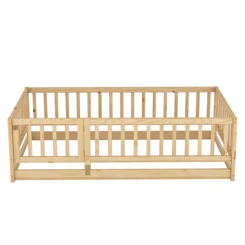 Montessori Floor Bed with Fence Guardrail and Removable Door Toddler Floor Wood Bed Frame for Kids Boys Girls Children's Room