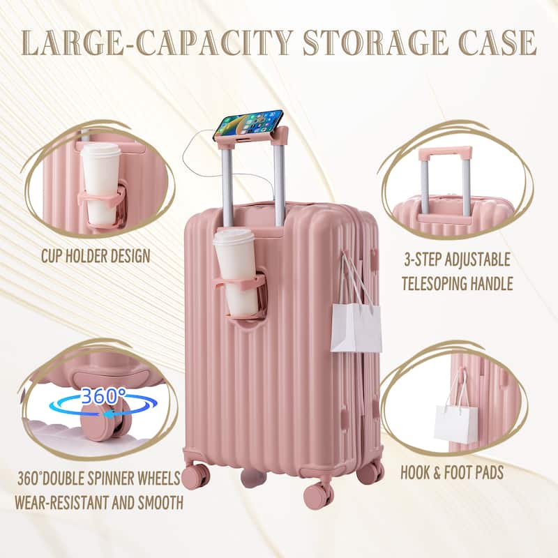 20"/24"/28" 3-Piece Modern Luggage Sets with Cup Holder, USB Port and Phone Holder, for Boarding Travel, Pink