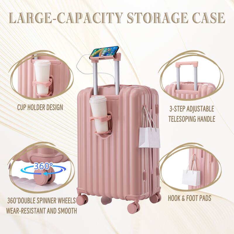 Three pcs/set in ABS Spinner Wheel Luggage with Cup Holder & USB Port & Phone Holder - Pink