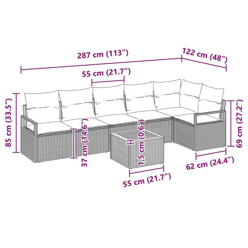 vidaXL 7 Garden Sofa Set with Cushions Black/Grey Poly Rattan - 113 x 48 x 27.2
