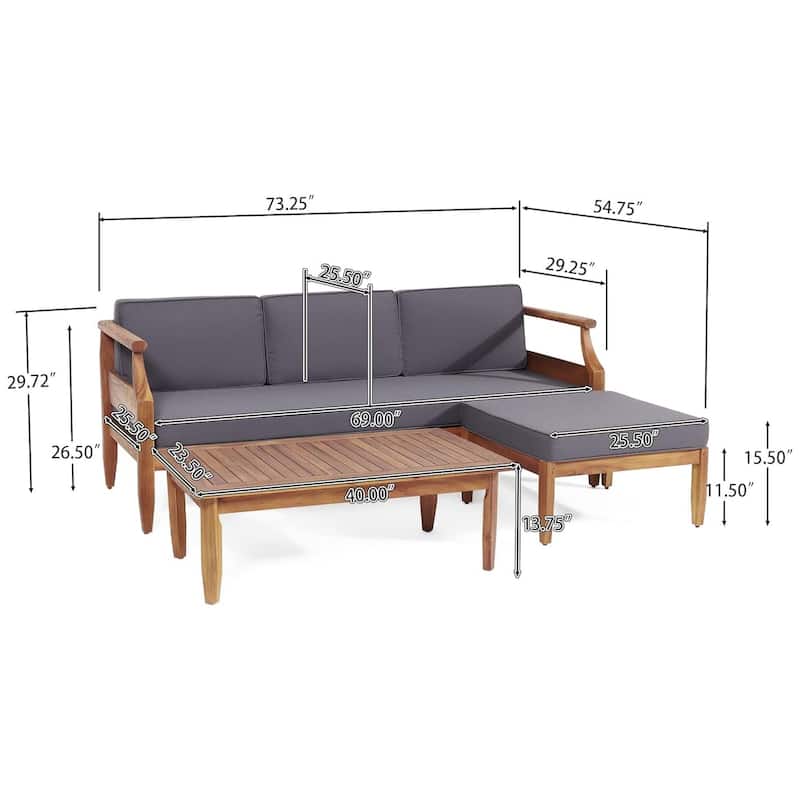 3-Piece Wood Patio Conversation Set with Gray Cushions