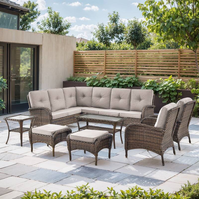 Outdoor Sectional Sofa with Chair Funiture Set - Brwon Wicker Beige Cushion - 8PCS Sectional Sofa w/ Patio Chair Ottoman