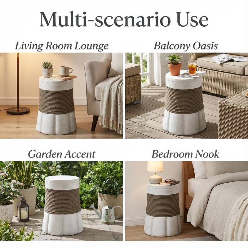 Outdoor Light Gray Brown Retro Woven Rope & Fan-Base MGO Side Table End Table for Home, Office, Living Room Outdoor