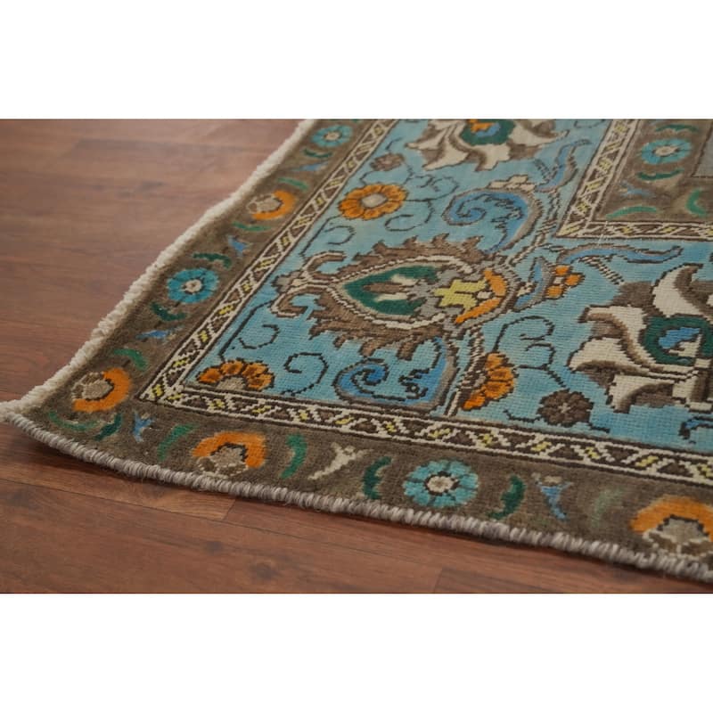 Hand Knotted Oriental 100% Wool Carpet Traditional Floral Navy Blue & Blues Tabriz Area Rug - 11' 0'' X 8' 5''