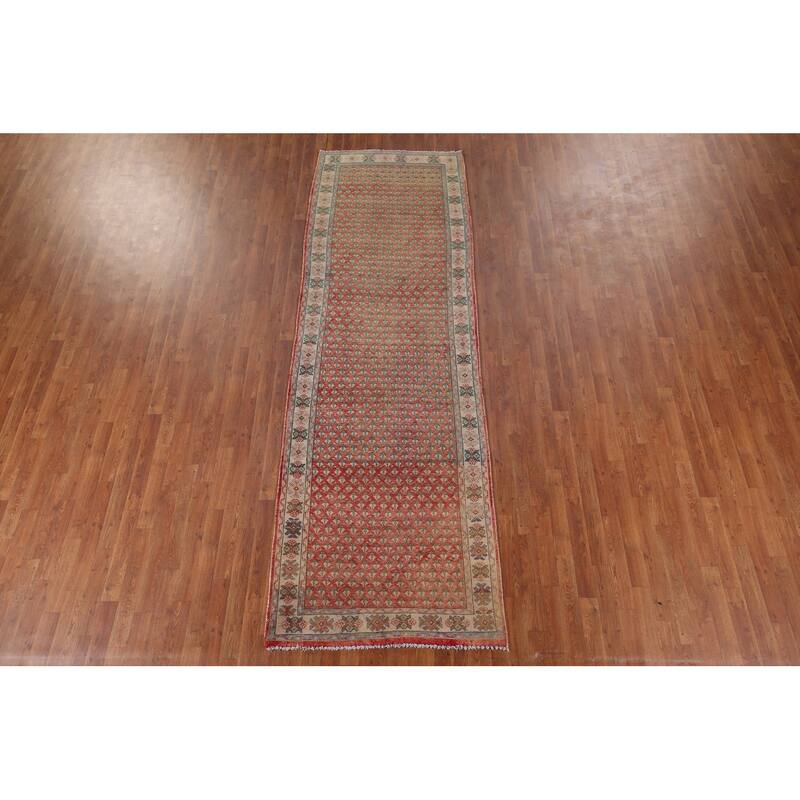 Geometric Botemir Persian Vintage Runner Rug Hand-Knotted Wool Carpet - 3'6" x 11'2"