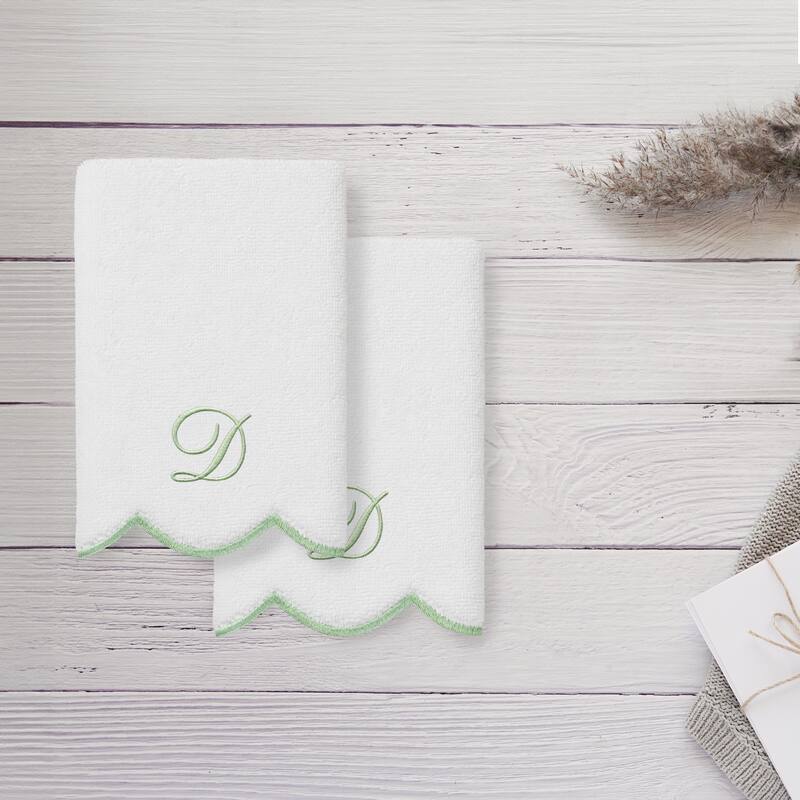 Authentic Hotel and Spa 100% Turkish Cotton Green ADORNIA Scallop Personalized 2 Piece Fingertip Towel Set - 2 Fingertip Towels