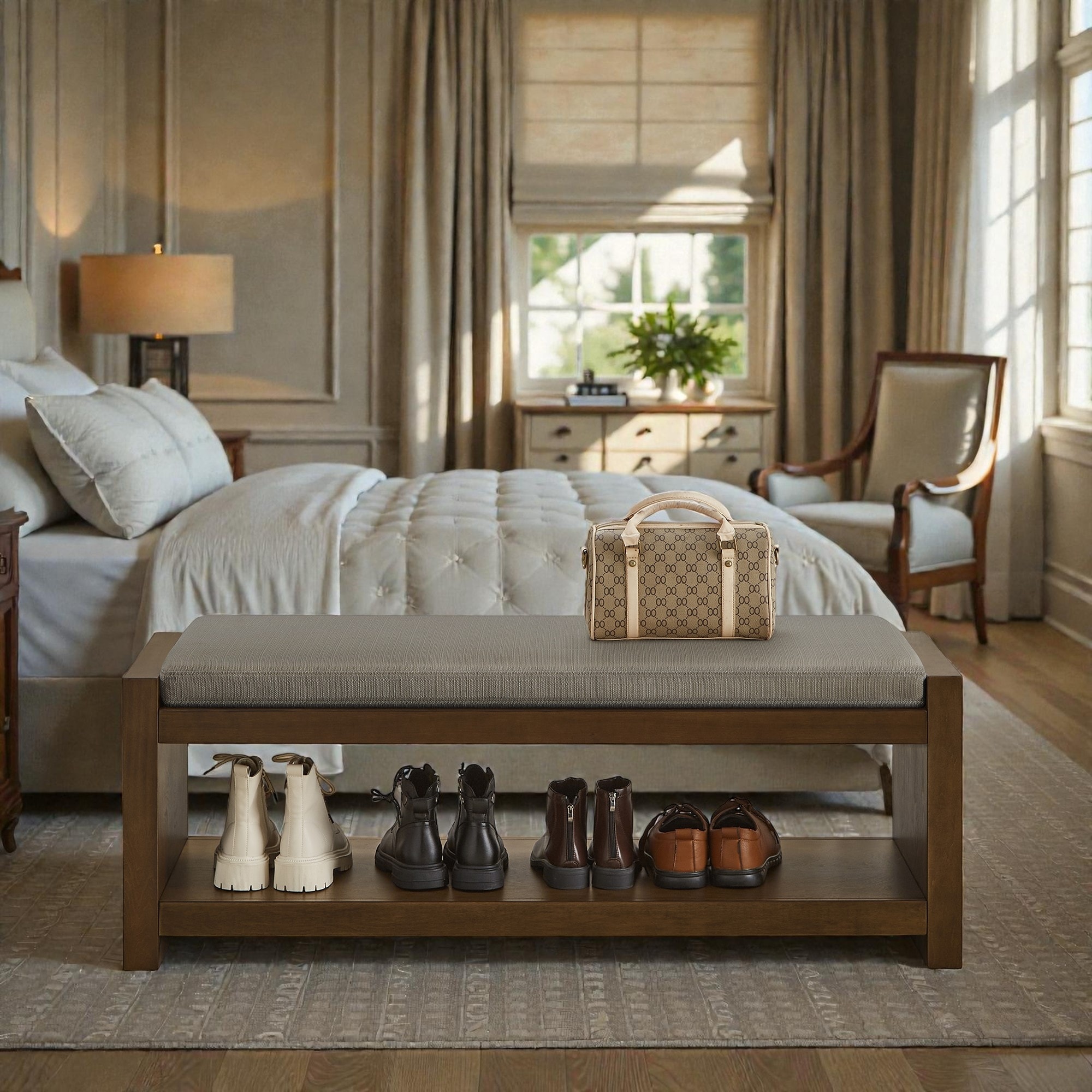 47" Upholstered Bench with Storage Shelf, Entryway Shoe Rack Bench with Removable Cushion for Bedroom or Living Room - Linen