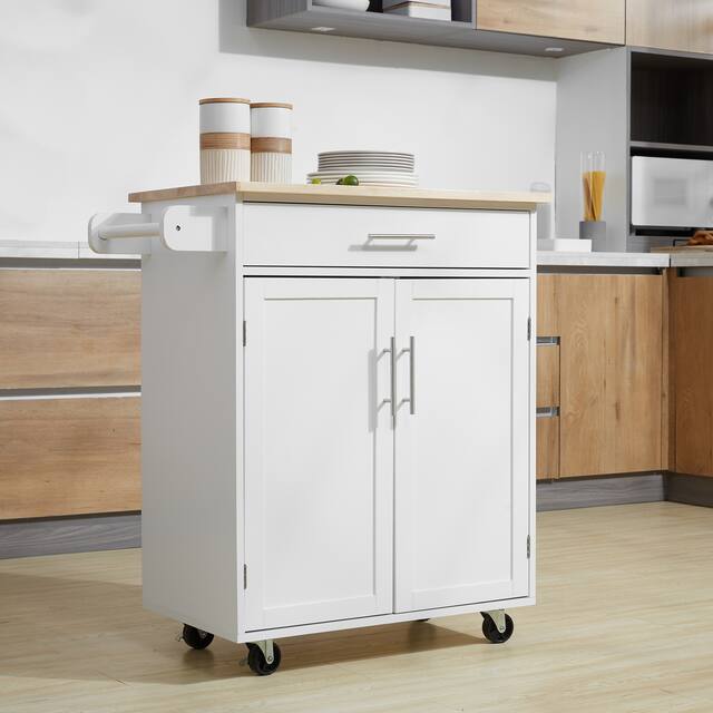 HOMCOM Kitchen Island Cart Rolling Trolley Cart with Drawer, Storage Cabinet & Towel Rack