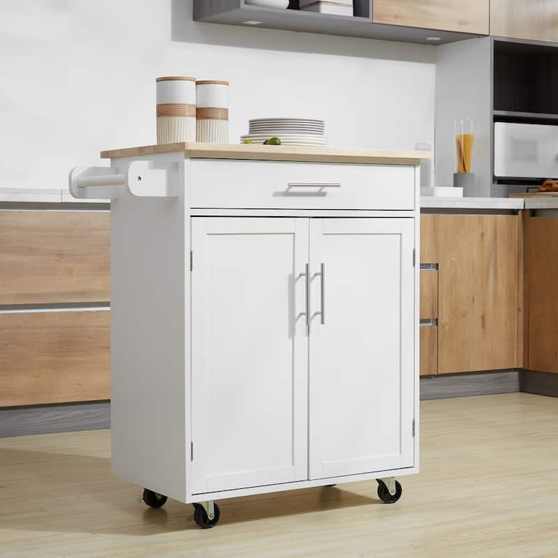 Kitchen Island with Rubberwood Top, Rolling Kitchen Cart with Adjustable Cabinet, Kitchen Cabinet with Towel Rack