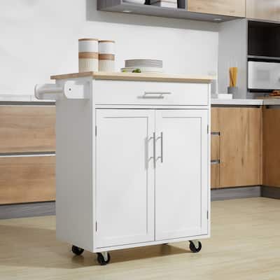White Rubberwood Kitchen Island Cart with Drawer, Shelf and Wheels - 32.75" W x 17.75" D x 36" H