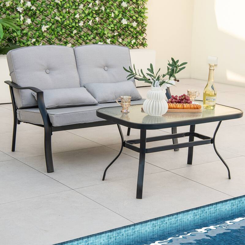 Outdoor Loveseat Chair Set with Tempered Glass Coffee Table - 48" x 30" x 29"