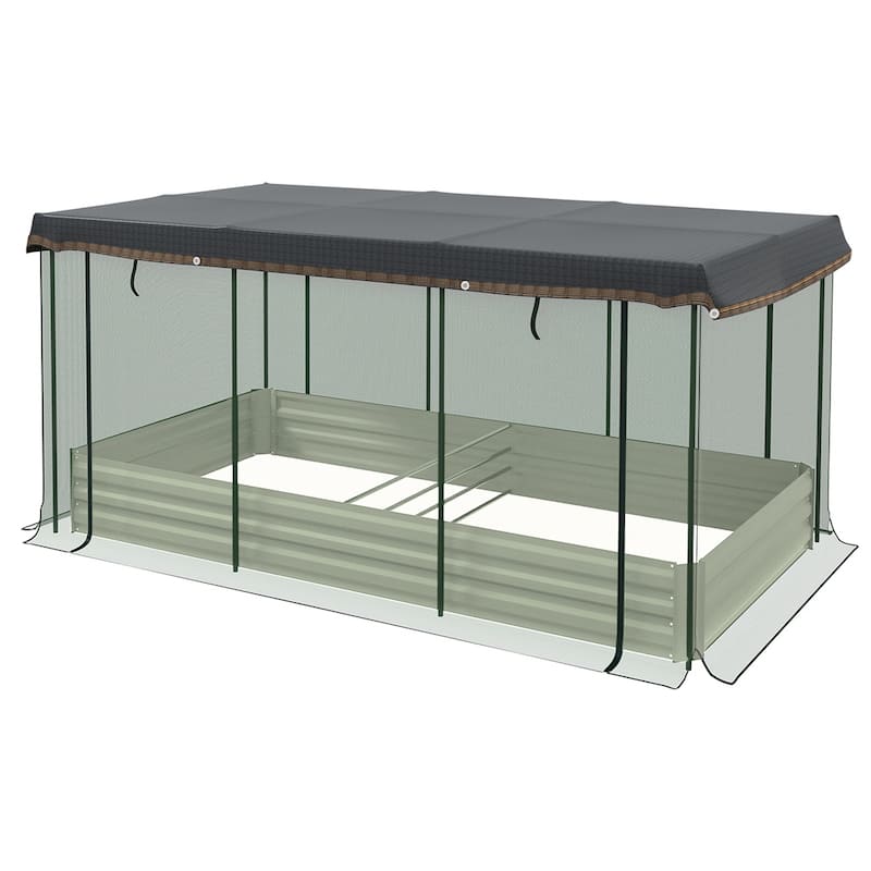Large Galvanized Steel Raised Garden Bed with Crop Cage Shade and Cloth Zippered Access - Beige-Green