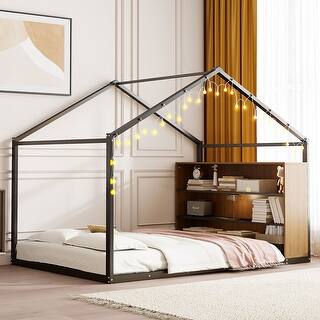 Full Size Metal Bed House Bed Frame with Shelves and Lights