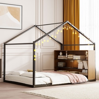 Full Size Metal House Bed Frame with Side Shelves and Warm LED Lights, Sturdy Playhouse Design