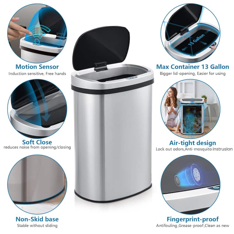 Innovaze 13 Gal./50 Liter Stainless Steel Oval Motion Sensor Trash Can for Kitchen