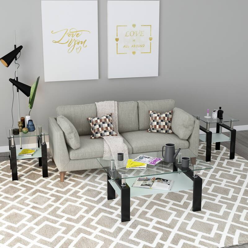 Set of 2 Tempered Glass Coffee Table End Table Set
