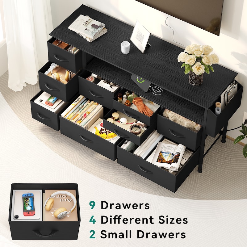 Moasis 50"W 9-drawer Fabric Dresser, Media Console, TV Stand with Outlets, RGB Lights