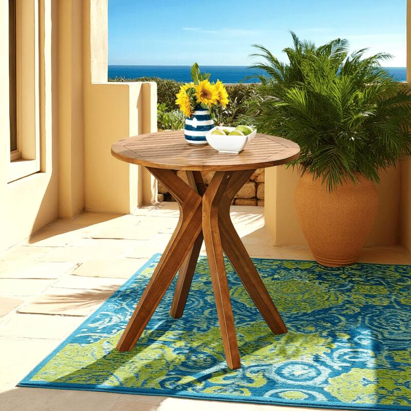Ambre Outdoor Bistro Table, 30 Inch Slatted Round Top, Teak Brown Wood