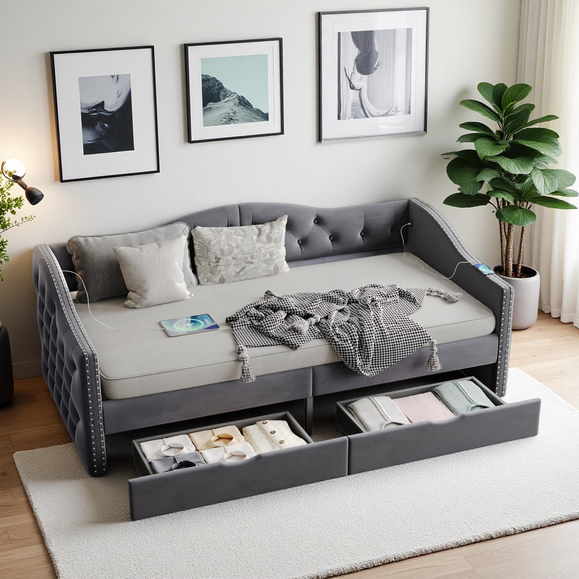 Full Size Upholstered Daybed with 2 Storage Drawers, USB Charging, and No Box Spring Needed