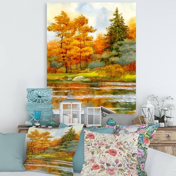 slide 2 of 5, Designart "Autumnal Forest By The Lake Side III" Lake House Canvas Wall Art Print