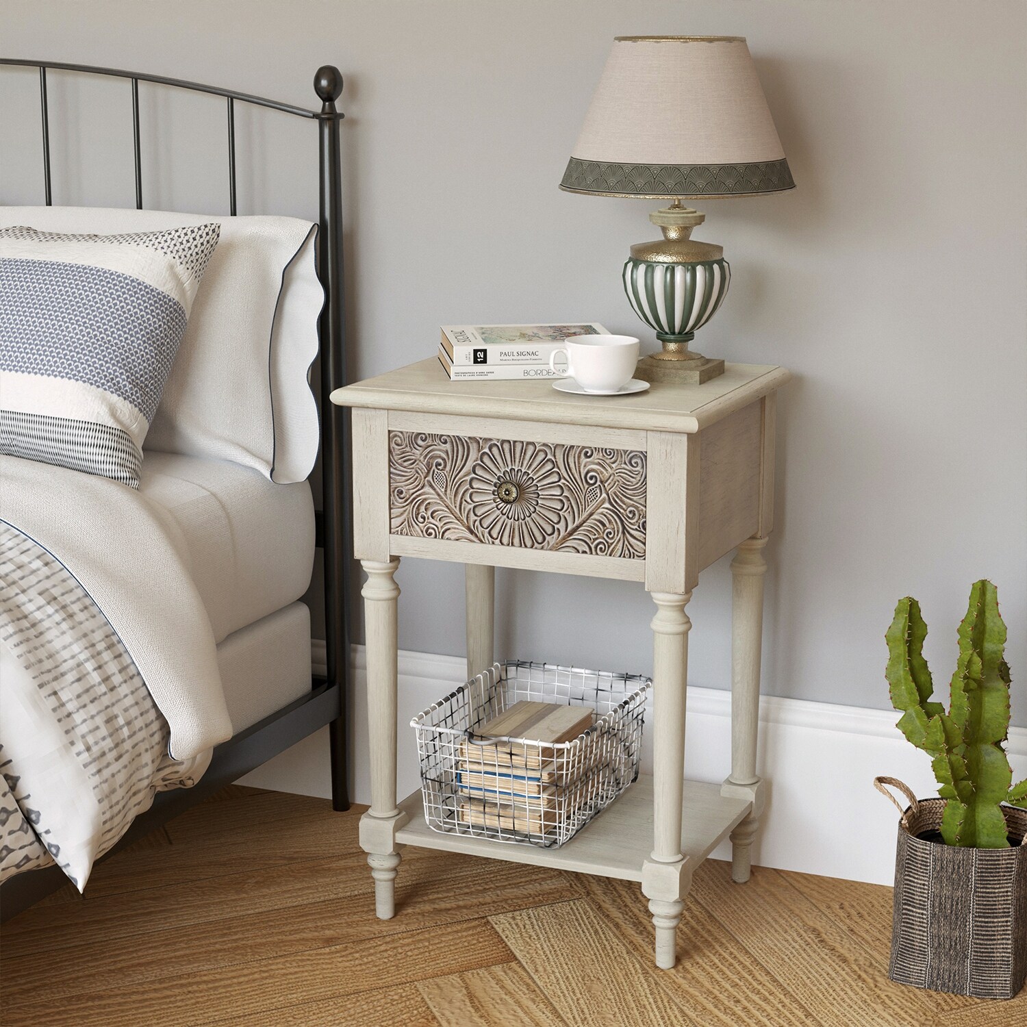 COSIEST Vintage Brown Pattern Solid Wood Nightstand with Drawer