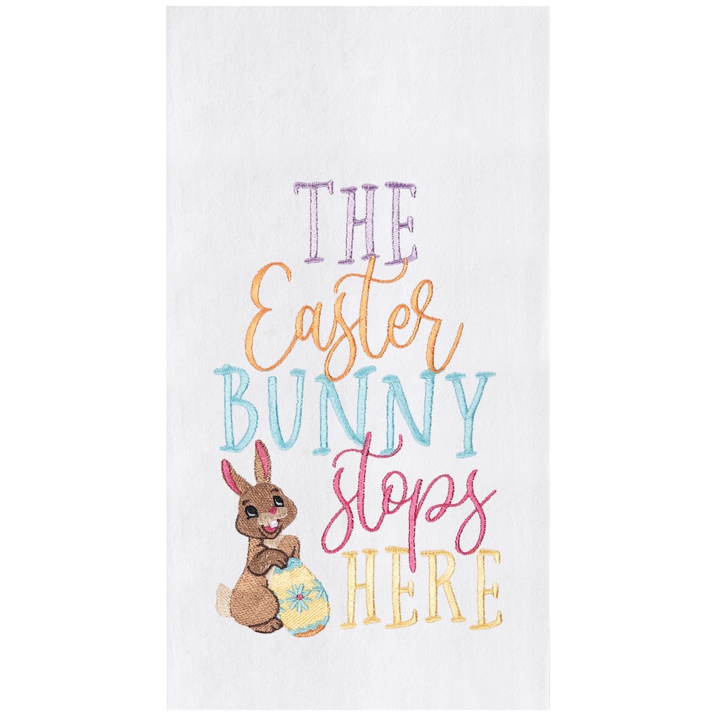 "The Easter Bunny Stops Here" Spring Rabbit Embroidered Cotton Flour Sack Kitchen Dishtowel