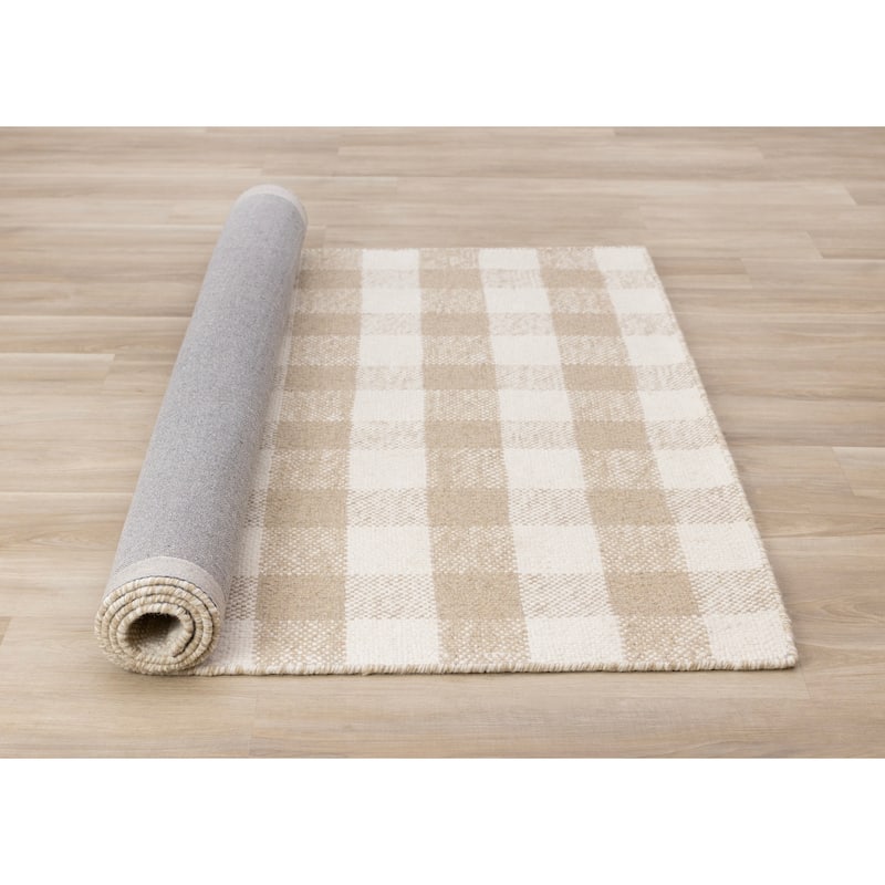 Beige White Plaid Handmade Wool Rug