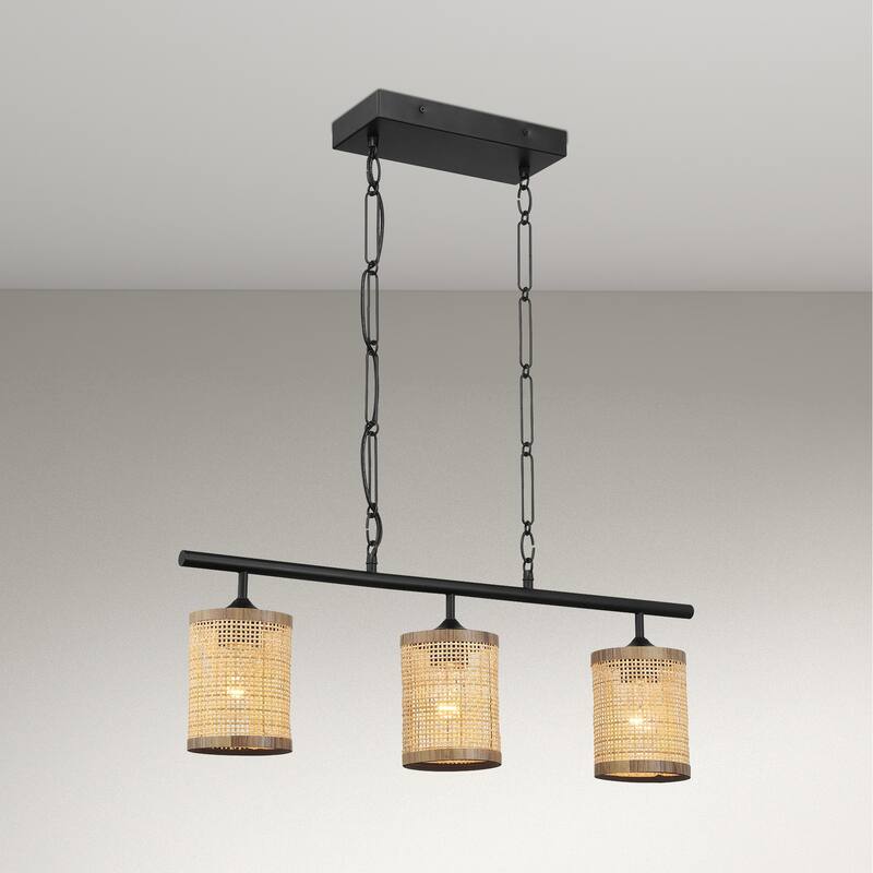 Sian Three-Light Island Pendant Lamp, Natural Rattan Shade - Black - Black