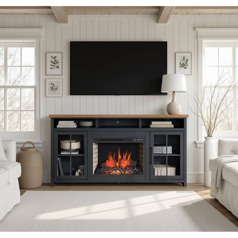 Bridgevine Home 74 inch Fireplace TV Stand Console for TVs up to 85 inches - Black and Whiskey