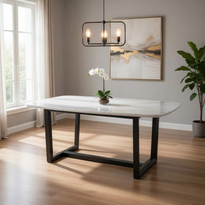 Dining Table with Marble Top and Trestle Base, Gray
