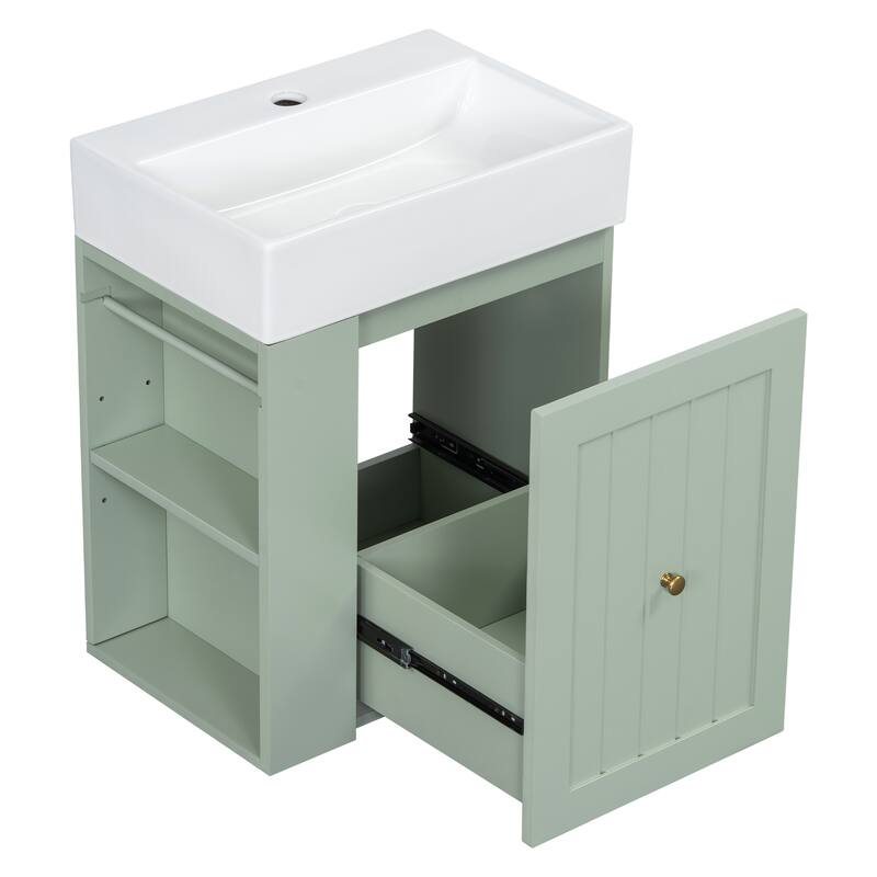 20 Inch Wall-mounted Bathroom Vanity with Ceramic Sink, Floating Bathroom Vanity Cabinet with Side Shelf for Small Bathrooms
