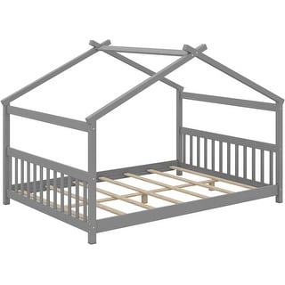 Full Size House Bed Wood Montessori Bed w/ Roof Design for Boys& Girls