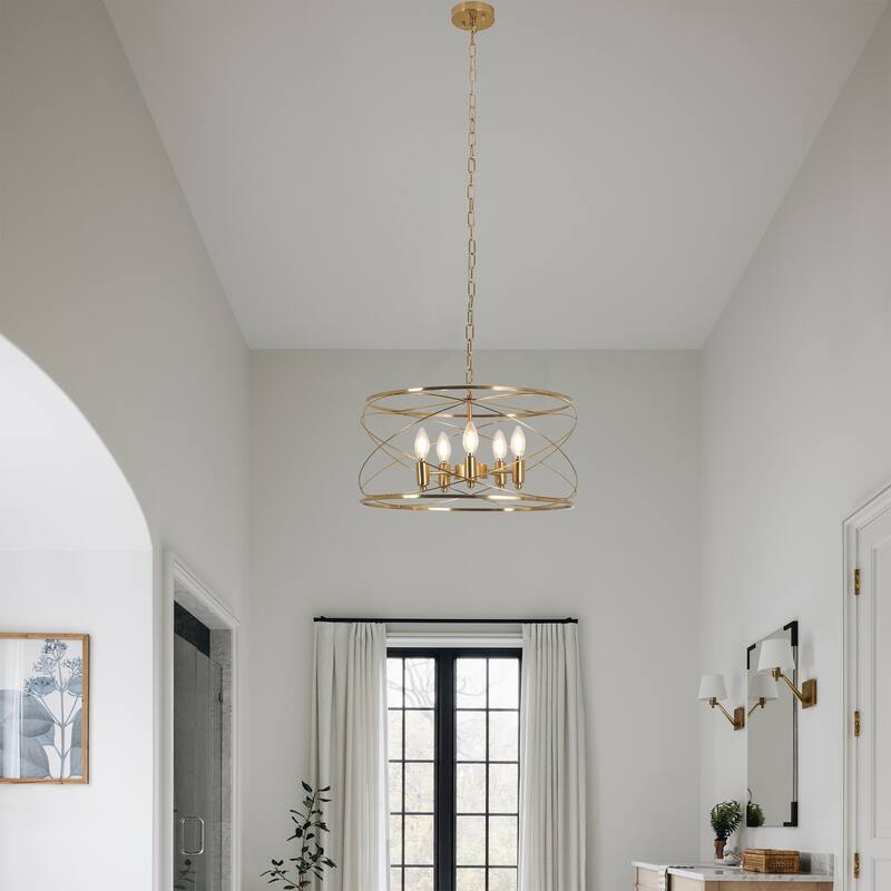 CurveCurio 20" Modern Brass Chandelier w 6 Lights, 70 inch Adjustable Hanging Chain for Dinging Table, Bedroom and Foyer