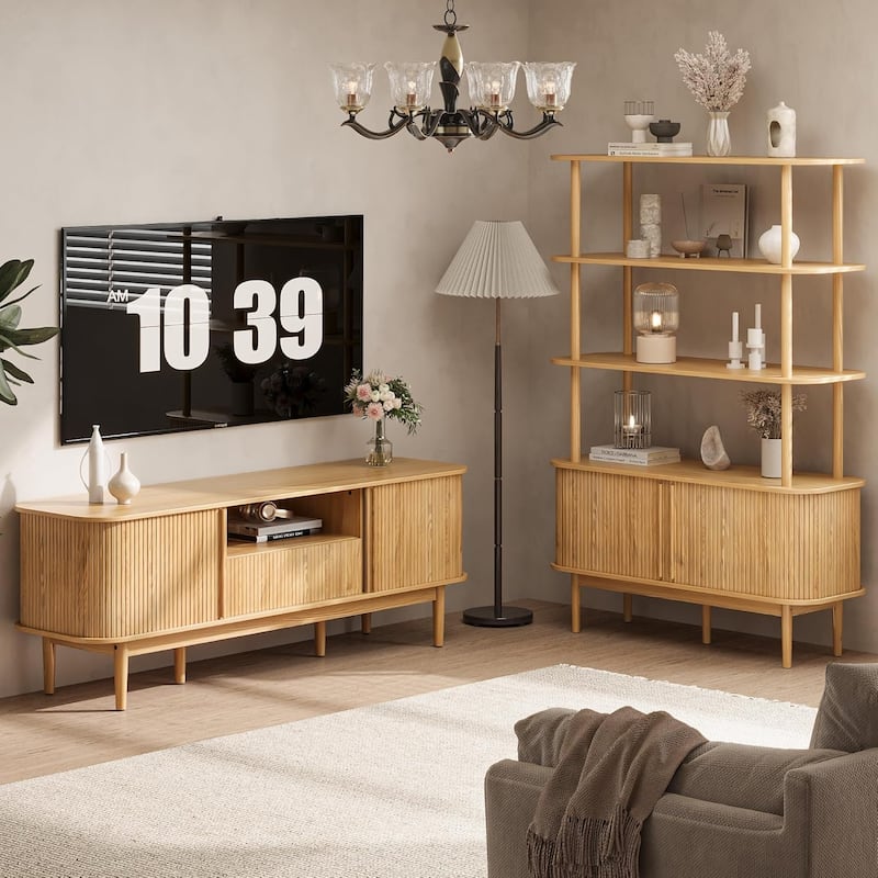 Bookshelf with Sliding Tambour Doors, Mid Century Modern Bookshelf with Storage, Wooden Open Display Shelf