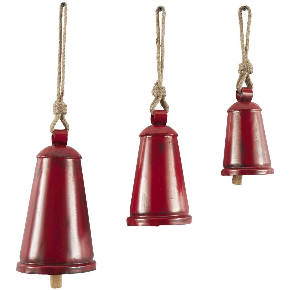 Metal Tibetan Inspired Decorative Cow Bells with Jute Hanging Rope - Set of 3 Silver, Black, Bronze, Red - Roche River Decor