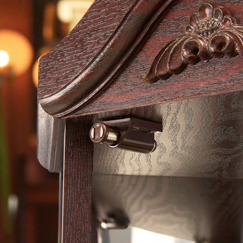 Lighted Corner Curio Cabinet with Glass Doors, Adjustable Shelves & Carved Cherry Decor, Elegant Display Cabinet for Home