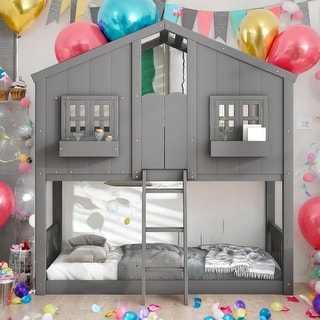 Twin over Twin Bunk Bed With Roof With Safety Guardrails And Ladder for home