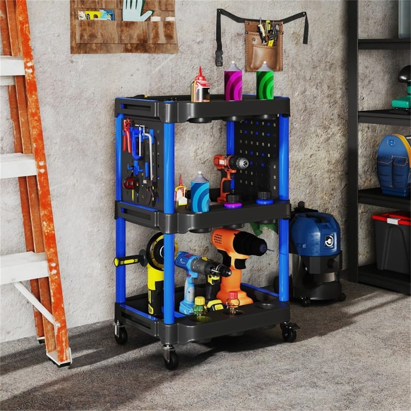 Three-Tier Mobile Rolling Tool Cart with Hooks and Storage Holes for Garage Workshop Organizer - 22.2" W x 18.7" D x 35" H