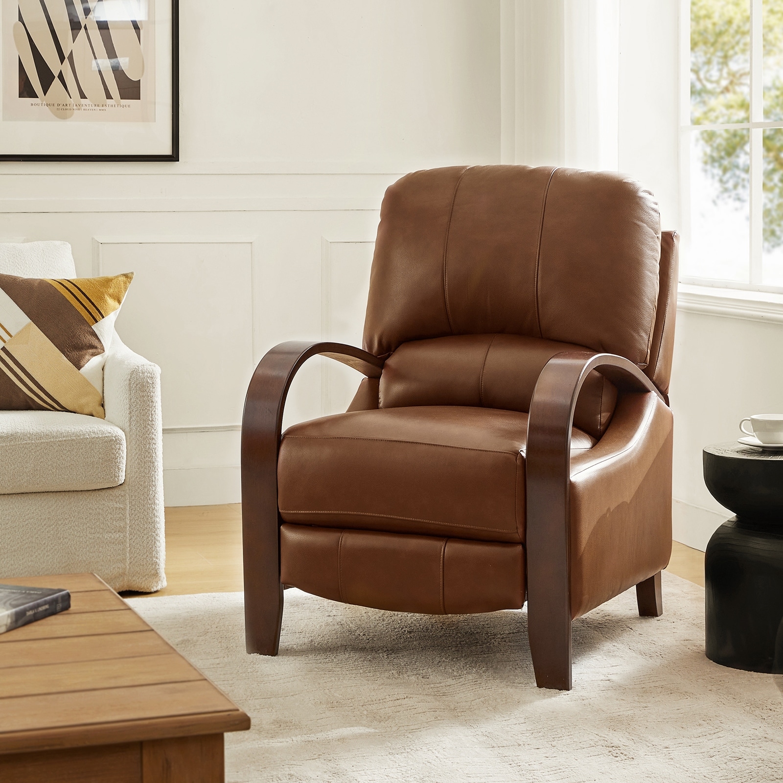 Alexandra Mid-Century Modern Genuine Leather Manual Recliner