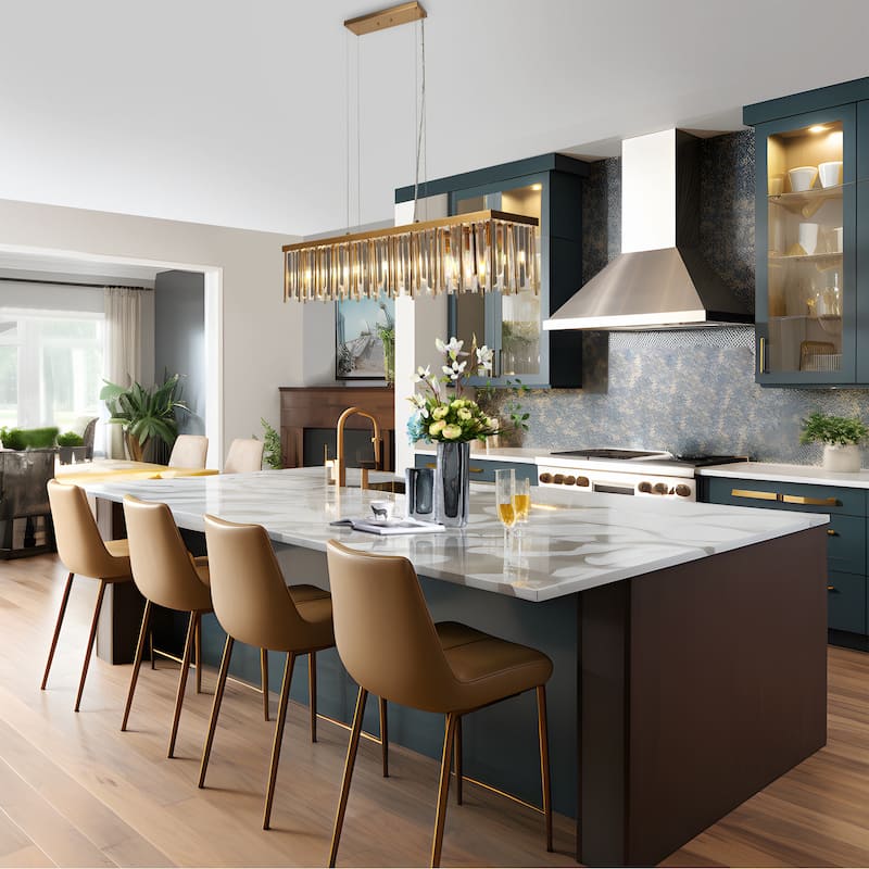 Modern Gold 7-Light Crystal Chandelier Rectangle Island Lights for Kitchen Island